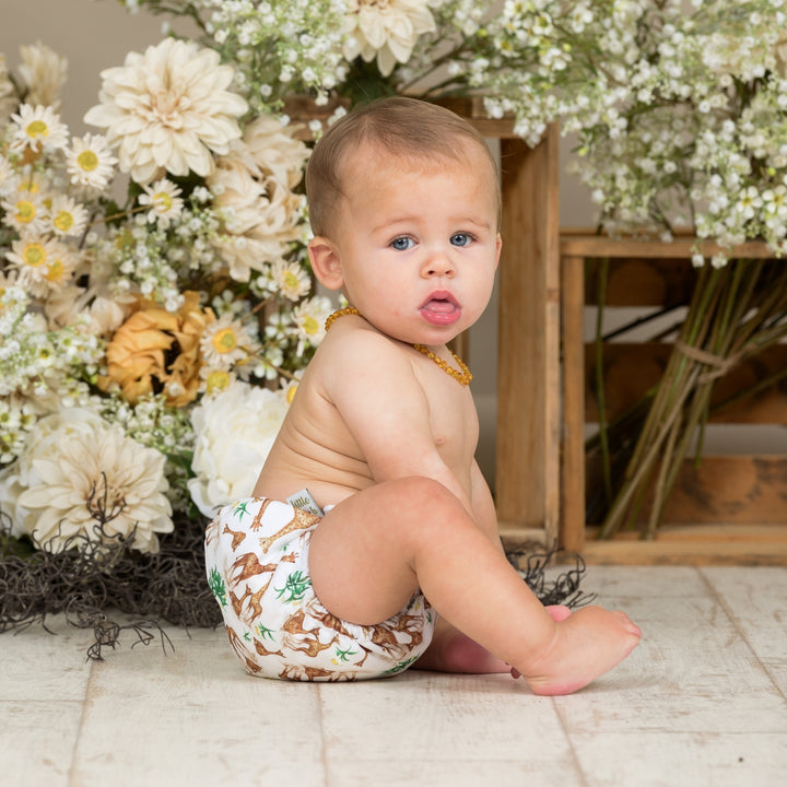 Baby sitting, wearing Onesize Reusable Pocket Nappy with Giraffe illustrations by LittleLamb#color_head-in-the-clouds