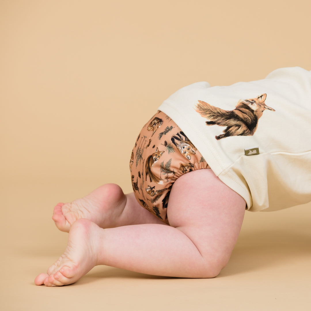 Little baby wearing Onesize Reusable Pocket Nappy with Fox illustrations by LittleLamb#color_bushy-tails