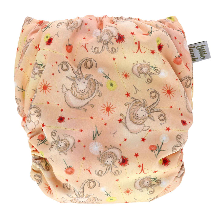 Aries Onesize Pocket Nappy by LittleLamb - coral nappy with goats and Aries star signs - back view