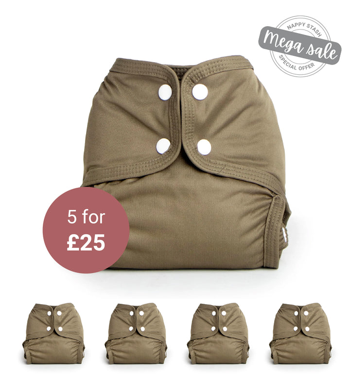 5 Pack Sized Pocket Nappy - No Insert - Khaki