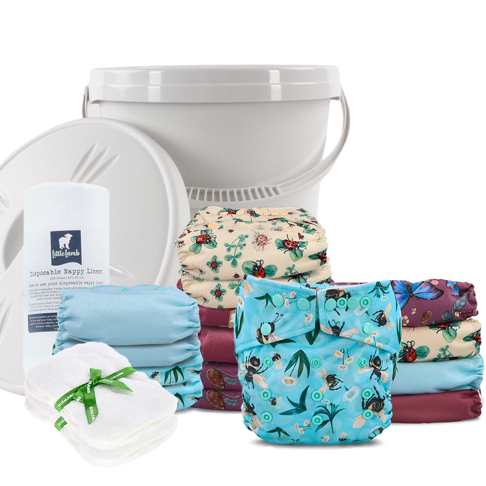 Onesize Pocket Nappy Complete Kit with bucket, wipes and liners in insect prints#color_insects