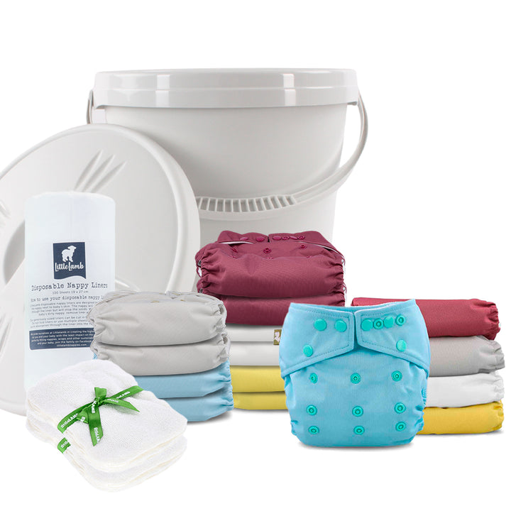 Onesize Pocket Nappy Complete Kit with bucket, wipes and liners in plain colours #color_plains