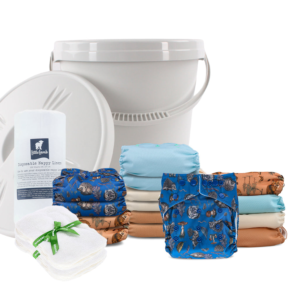 Onesize Pocket Nappy Complete Kit with bucket, wipes and liners in woodland prints #color_woodland
