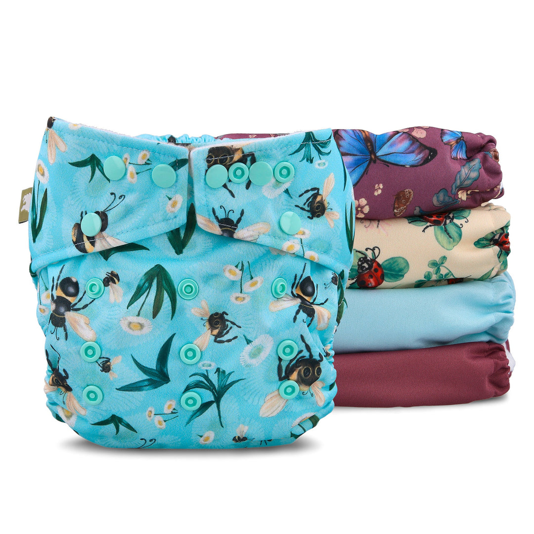 5 Pack Onesize Reusable Pocket Nappies in Insect Prints by LittleLamb