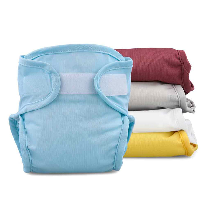 Reusable cloth nappies by little lamb - Nappy wraps product shot plain nappies in blue, aubergine, grey, cream and yellowt#color_plains