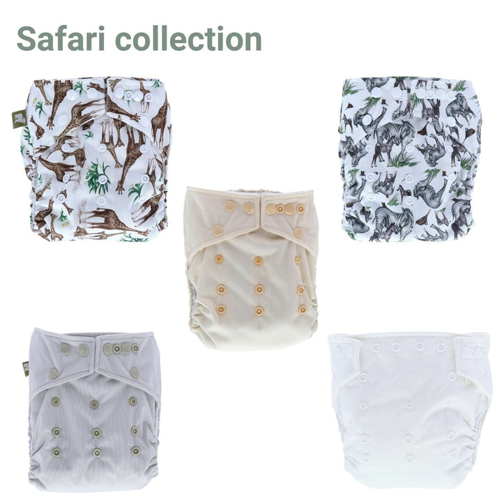 LittleLamb Onesize Reusable Pocket Nappy in a pack of 5 designs  hand illustrated safari collection 