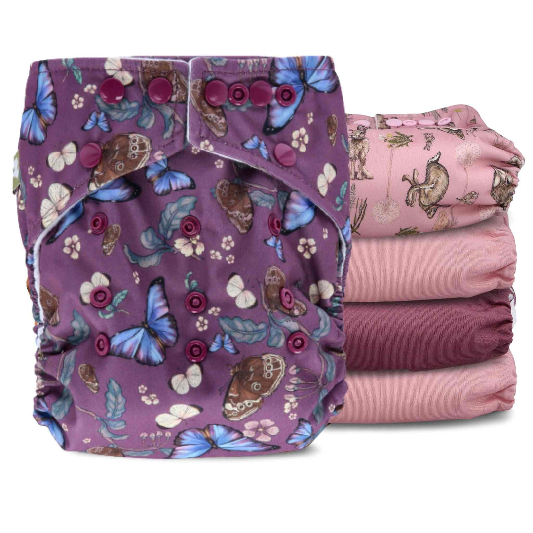 Pack of 5 reusable nappies in pinks and purples by LittleLamb