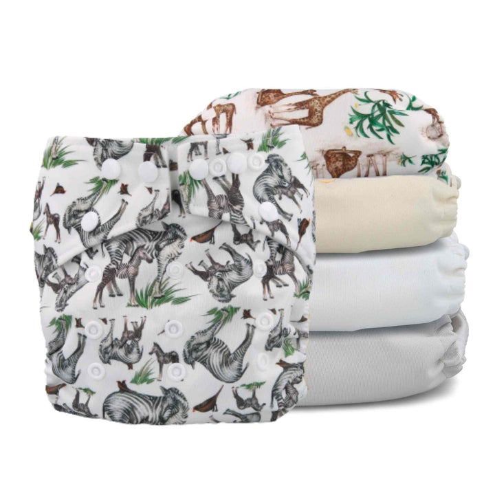 5 pack of reusable nappies in safari prints by LittleLamb.