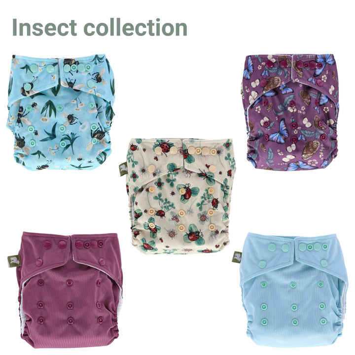LittleLamb hand illustrated Onesize Reusable Pocket Nappy in a pack of 5 insect designs