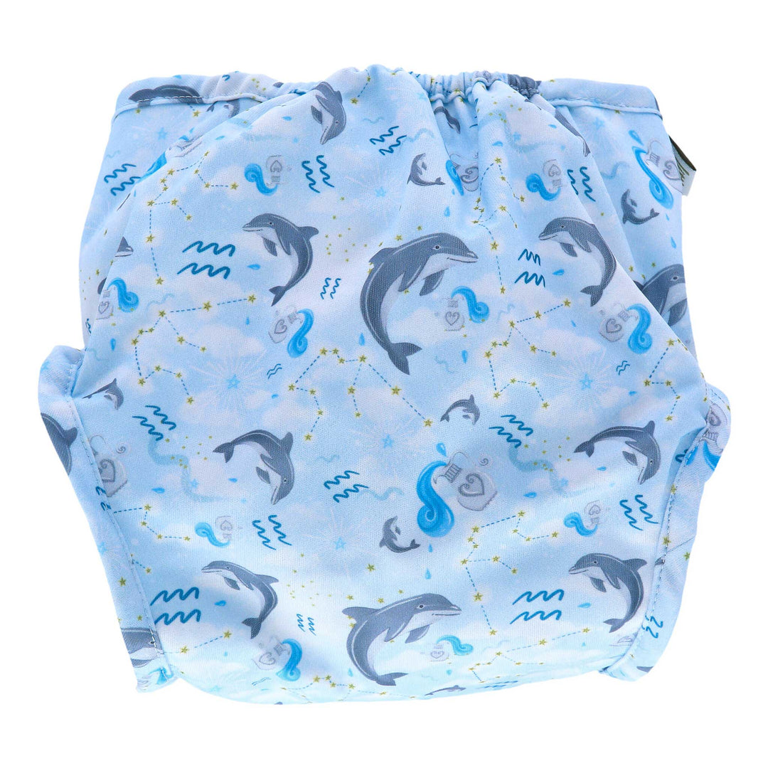 Little Lamb reusable cloth nappies - Aquarius printed nappy wrap - Blue nappy with dolphins and Aquarius star signs - back view