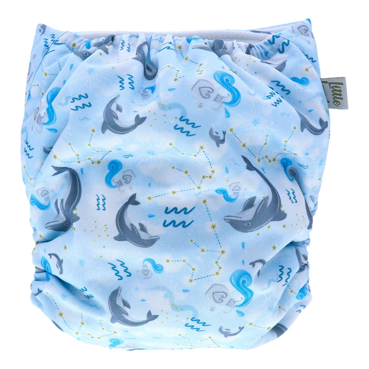 Aquarius Onesize Pocket Nappy by LittleLamb - blue nappy with dolphins and Aquarius star signs - back view