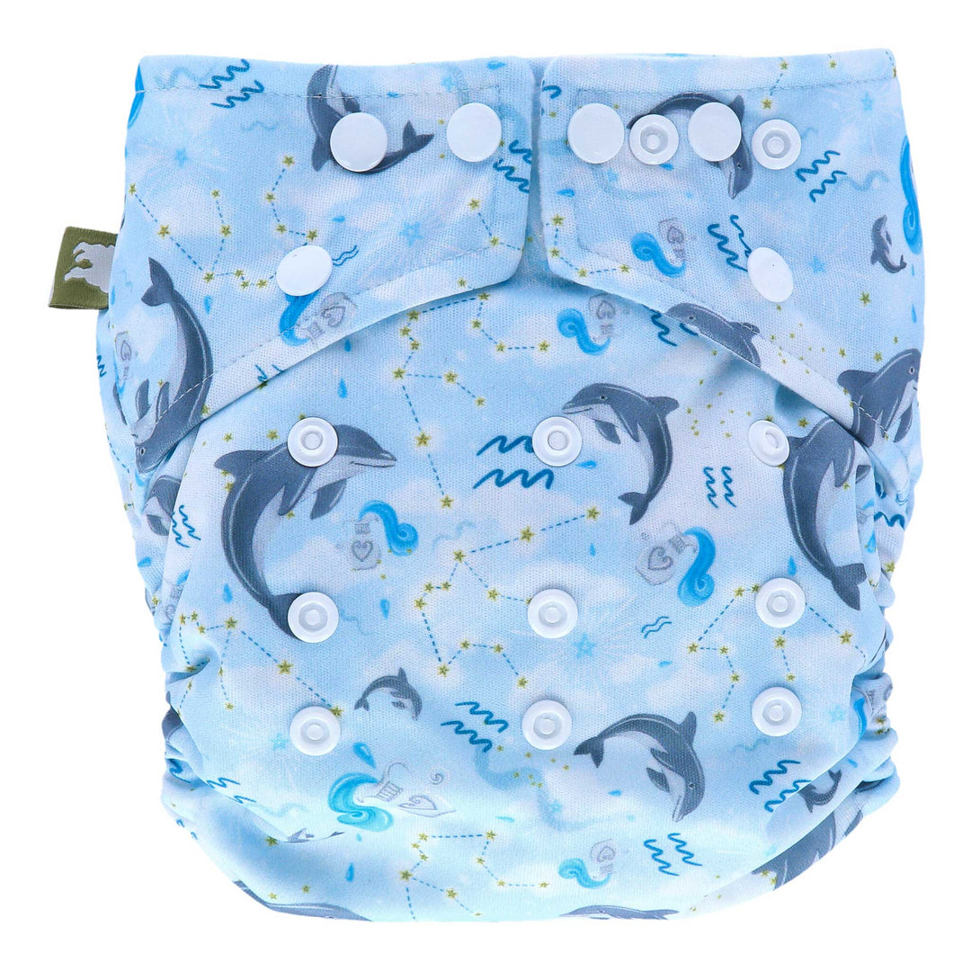 Aquarius Onesize Pocket Nappy by LittleLamb - blue nappy with dolphins and Aquarius star signs - front view