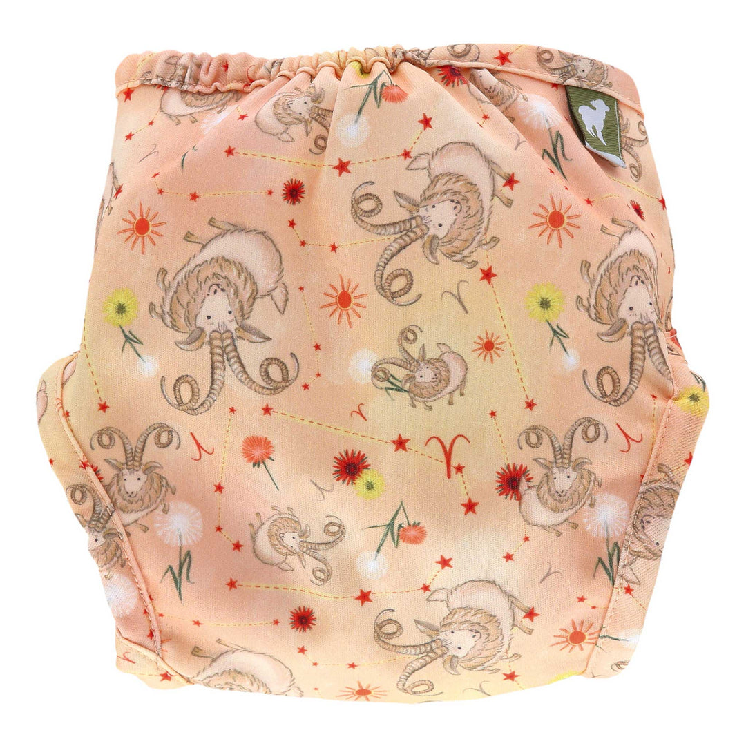 Little Lamb reusable cloth nappies - Aries pattern - coral nappy with goats and Aries star sign - back view