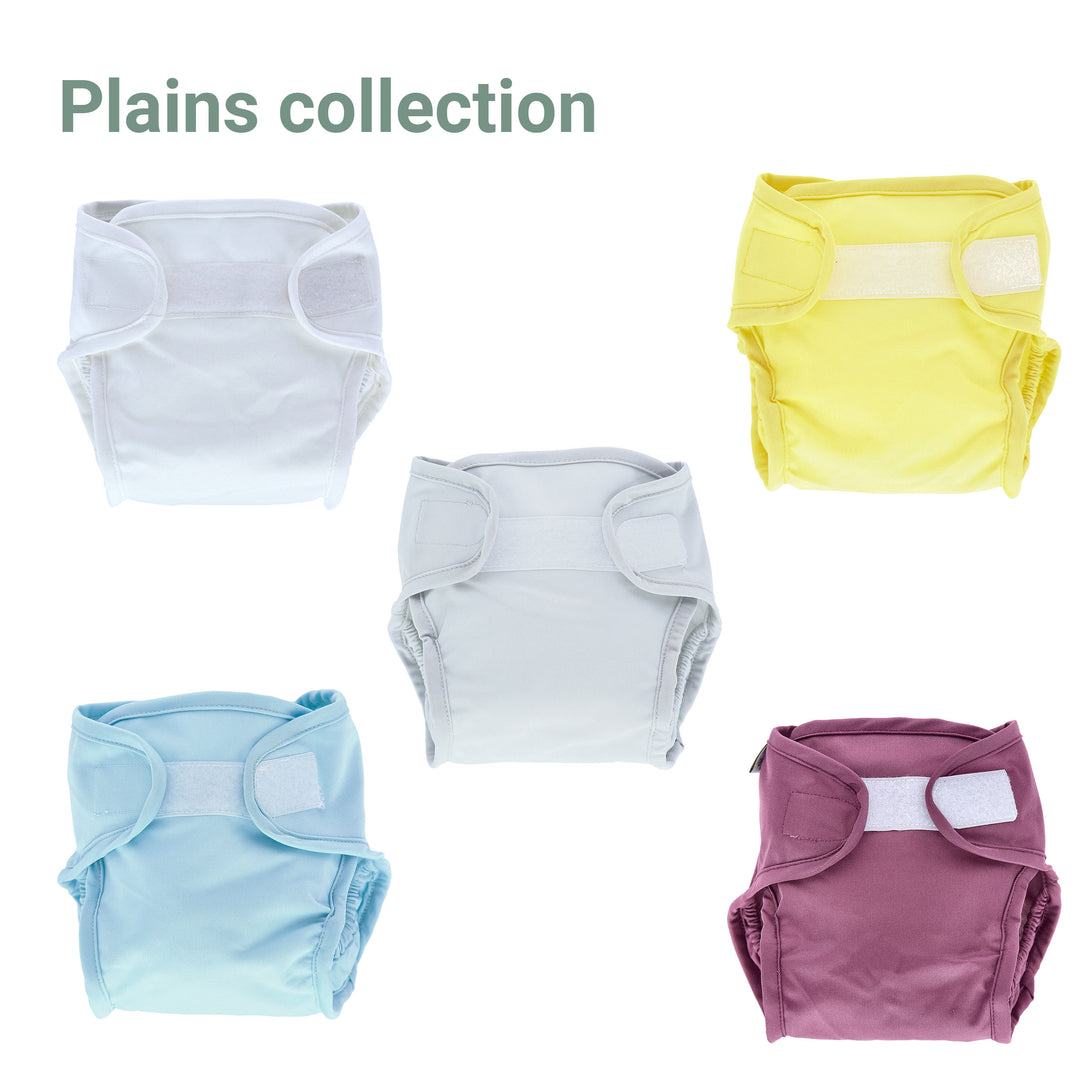 Reusable cloth nappies by little lamb - Nappy wraps product shot plain nappies in blue, aubergine, grey, cream and yellow#color_plains